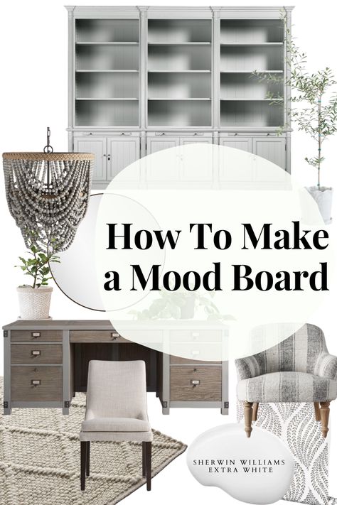 How to Make a Mood Board - Liz Marie Blog Craft Room Mood Board, How To Make A Mood Board, Mood Boards Aesthetic, Make A Mood Board, Ikea Apartment, Digital Mood Board, Sherwin Williams Extra White, Ikea Apartments, Office Memo