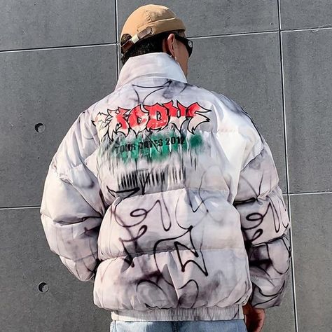 Illusion Graffiti, Graffiti Clothes, Mens Winter Parka, Graffiti Streetwear, Streetwear Harajuku, The Exodus, Hip Hop Jacket, Men Fashion Casual, Mens Trendy Outfits