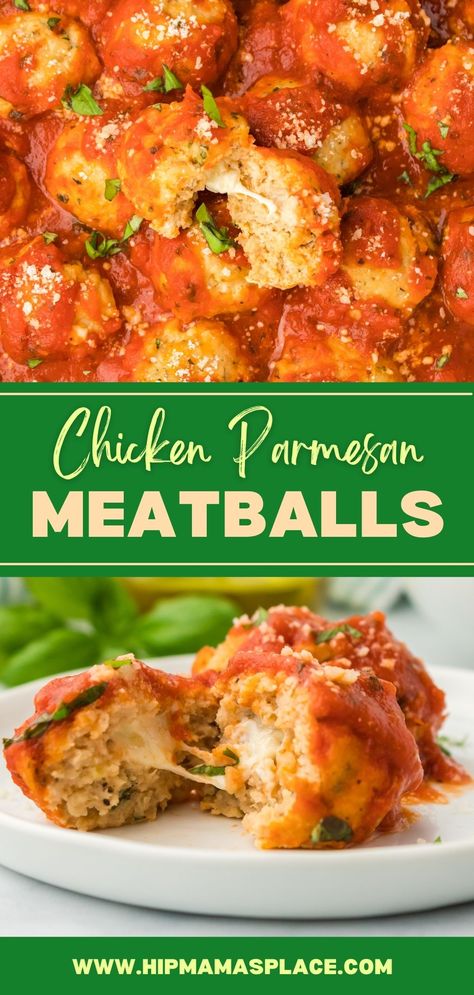 These homemade Chicken Parmesan Meatballs are light and flavorful with a fresh basil taste. The cheese in the middle is a fun surprise and gives these #meatballs their Parmesan name. An easy stuffed meatball recipe perfect for any season of the year! #chickenparmesanmeatballs #chickenrecipes #easyrecipes #dinnerideas #chickenmeatballs #cheesychickenmeatballs #dinner #maindishes #hipmamasplace Chicken Meatballs Dinner Meals, Ground Chicken Parmesan Meatballs, Chicken Parmigiana Meatballs, Friday Night Dinner Ideas For Two, Chicken Parmesan Meatballs Recipe, Chicken Meatball Recipe Main Dishes, Homemade Chicken Meatballs, Crockpot Chicken Meatballs, Recipes With Mozzarella Balls