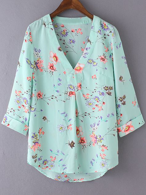 Multicolor+V+Neck+Floral+Print+Chiffon+Blouse+17.99 Summer Blouses For Women, Floral Print Chiffon Blouse, Printed Chiffon Tops, Floral Chiffon Top, Women Chiffon Blouse, Floral Chiffon Blouse, Flower Print Blouse, Fashion Tops Blouse, Floral Print Chiffon