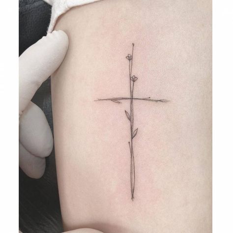 Cross Of Flowers Tattoo, So Will I Tattoos For Women, Cross Wildflower Tattoo, Wildflower Bible Verse Tattoo, Small Cross Flower Tattoo, Cross Verse Tattoo, Minimalist Arm Tattoos For Women Forearm, Small Bible Tattoos For Women, Fine Line Bible Tattoo