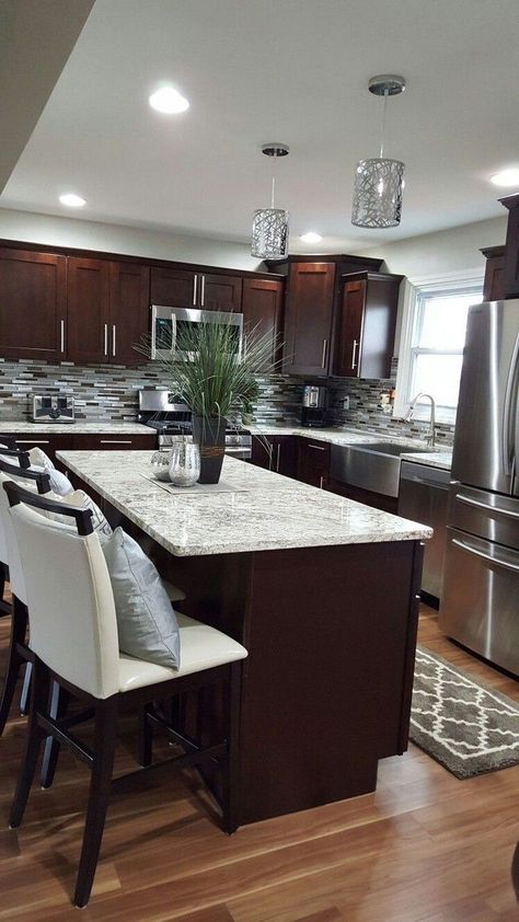 Brown Cabinets Kitchen, Dark Brown Cabinets Kitchen, Light Countertops, Backsplash Kitchen White Cabinets, Light Floors, Patterned Tile Backsplash, Dark Brown Cabinets, Brown Kitchen Cabinets, Classic White Kitchen