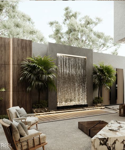 Backyard Interior, Backyard Outdoor Living, Kolam Air, Taman Air, Modern Fountain, Terrace Garden Design, Modern Backyard Landscaping, Fountain Design, Modern Bathrooms