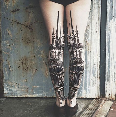 10+ Architecture Tattoos That'll Make You Want To Get Inked Back Of Leg Tattoos, Kunst Tattoos, Skeleton Hand Tattoo, Architecture Tattoo, Calf Tattoo, Hand Tattoo, Tattoo Trends, Skin Art, Blackwork Tattoo