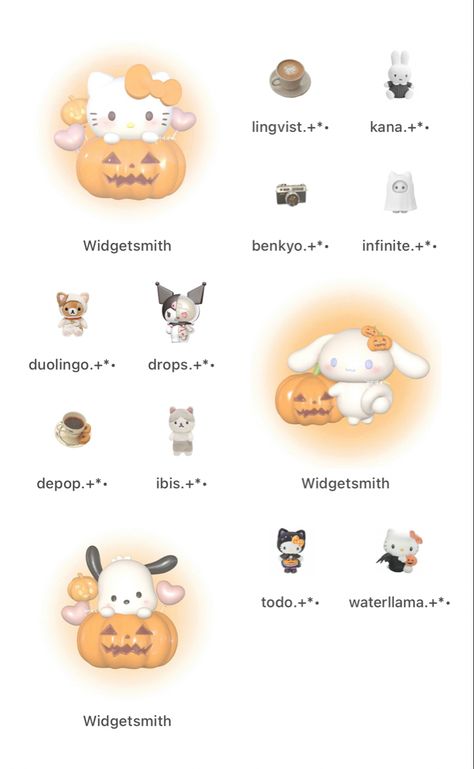 Sanrio Fall Widgets, Halloween Widgets Aesthetic Iphone, Hello Kitty Ios Wallpaper, Sanrio Ios 16 Layout, Halloween Home Screen Layout, Fall Theme Widgets, Halloween Ios Theme, Ios Fall Home Screen, Halloween Ios Layout