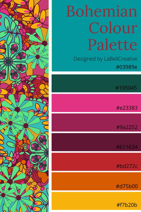 Bold bright bohemian inspired colour palette Colourful Boho Interior, Bohemian Inspiration Board, Boho Colours Pallet, Bohemian Colorful Living Room, Bohemian Color Pallete, Bohemian Colour Scheme, Bright Indian Colour Palette, Bold Boho Color Palette, Colourful Boho Decor