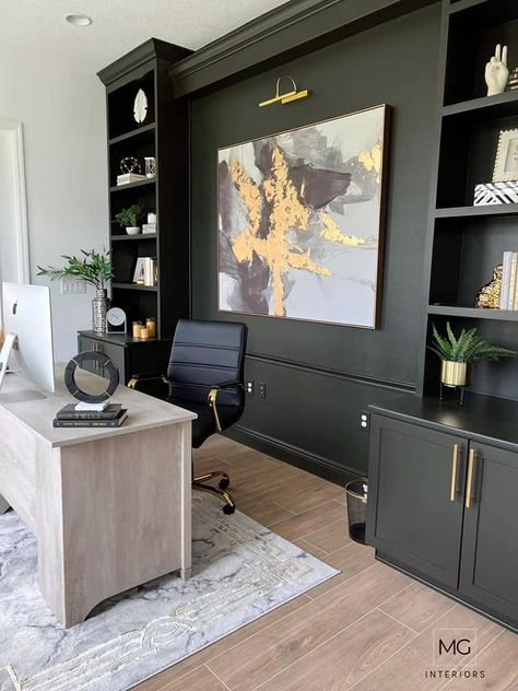 Dark Minimalist Office, Office With Black Cabinets, Black And Brown Office, Office Design Ideas Business, Black Home Office Ideas, Modern Masculine Office, Office Accent Wall, Color In Interior Design, Masculine Home Office