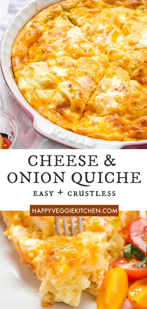 A simple but luxurious crustless cheese & onion quiche recipe with a mix of three delicious cheeses for maximum flavour. This makes the perfect vegetarian picnic or party option! The recipe has no traditional pastry crust, but we use a clever technique to help it form it's own crust. Mozzarella Quiche Recipes, Quiche, Pie, Egg And Cheese Quiche Crustless, Plain Quiche Recipes, Quiche Recipes Without Crust, Crustless Egg Quiche, Quiche Crustless Recipes, Cheese Onion Quiche