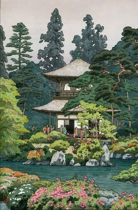 Toshi Yoshida, Japanese (1911-1995), Silver Pavilion, Kyoto, 1951, woodcut, 40.6 x 27.4 cm, private collection Toshi Yoshida, Woodblock Printmaking, Hiroshi Yoshida, Japanese Art Modern, Japanese Woodcut, Japanese Titles, Japanese Woodblock Print, Japon Illustration, Japanese Woodblock