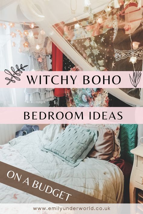 How to get the witchy aesthetic on a budget, with a boho bedroom! Easy tips for redecorating your student bedroom this year. Boho Witch Aesthetic Bedroom, Bright Witchy Bedroom, Pagan Bedroom Decor, Bohemian Rooms Ideas, Witch Boho Bedroom, Bedroom Decor Witchy, Small Witchy Bedroom Ideas, Mystical Home Aesthetic, Magical Bedroom Aesthetic