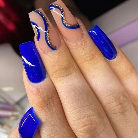 Cute Nail Trends to Try This Spring & Summer 2023 | Summer Nails 2023 Simple Royal Blue Nails, All Blue Nails, Royal Blue And Silver Nails, Royal Blue Nails Designs, Blue And Silver Nails, Elegant Touch Nails, Blue Acrylic Nails, Simple Acrylic Nails, White Nail