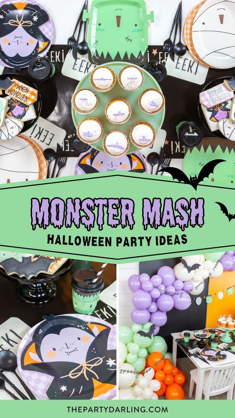 Monster mash party decorations for a kid-friendly Halloween party Monster Mash Backdrop, Kids Halloween Birthday Party Decor Ideas, Monster Mash 1st Birthday Party, Monster Bash Halloween Party, Classic Monster Halloween Party, Monster Mash Decorations, Kids Halloween Party Themes, Monster Mash Trunk Or Treat, Kid Halloween Party Ideas