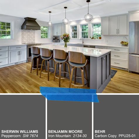 Sherwin Williams Peppercorn, Bedroom Blues, Dark Gray Paint, Paint Colors For Kitchen Cabinets, Colors For Kitchen Cabinets, Paint Colors For Kitchen, Modern Farmhouse Style Kitchen, Gray Tile Backsplash, Green Kitchen Designs