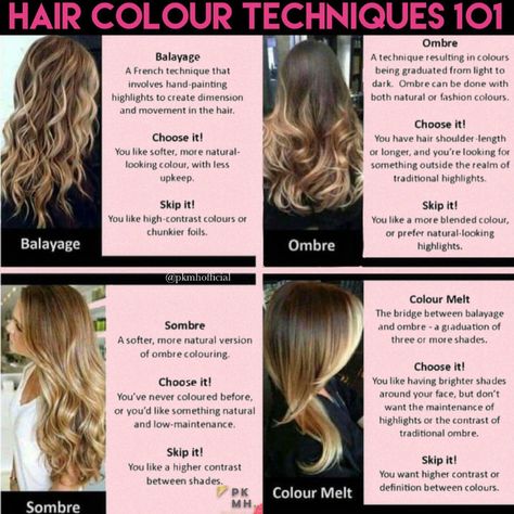 Types Of Balayage Techniques, Types Of Hair Coloring Techniques, Reverse Balayage Vs Balayage, Baylage Vs Ombre Vs Highlights, Hair Dye Application Techniques, Bayalage Vs Foilayage, Color Melting Hair Brown To Blonde, Colour Melt Hair Brunette, Baby Lights Vs Balayage