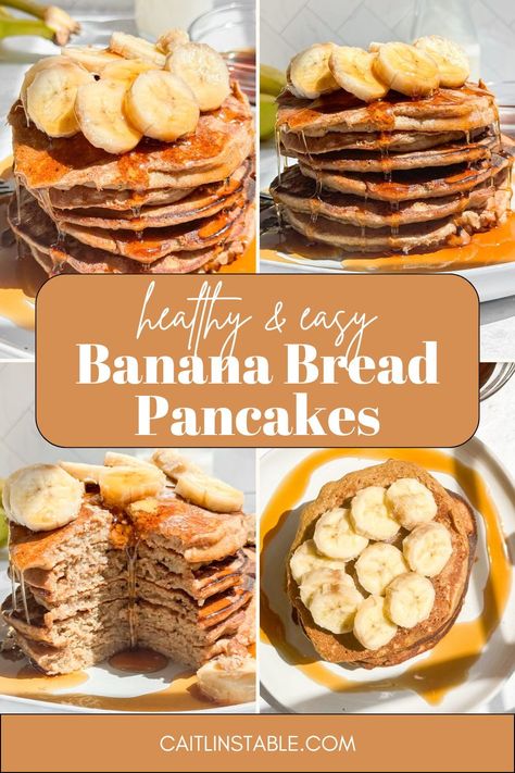 Looking for easy morning breakfast ideas? Try these banana bread pancakes! Made with whole wheat flour, banana, egg and cinnamon, these homemade pancakes are easy and so fluffy. Add maple syrup, bananas, peanut butter and fruit as toppings and serve. Pancakes Made From Bananas, Pancakes With Banana And Egg, Almond Butter Banana Pancakes, Banana Oatmeal Egg Pancake, Banana Peanut Butter Pancakes Healthy, Banana Walnut Pancakes, Walnut Pancakes, Fluffy Banana Pancakes, Banana Bread Pancakes