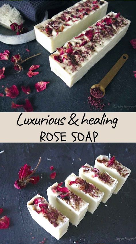 This luxurious soap with roses will pamper your skin, leave it smooth and moisturized. Enhanced with rose-infused oil, rose essential oil and rose petals this homemade soap is unique in its healing and relaxing effect on the skin. #rosesoap,#herbalism, #herbalhealth, #naturalremedies, #skincareremedies, #herbaldiy Rose Soap Recipe, Herbal Diy, Natural Soaps Recipes, Rose Products, Easy Soap Recipes, Handmade Soap Recipes, Cold Process Soap Recipes, How To Make Rose, Infused Oil