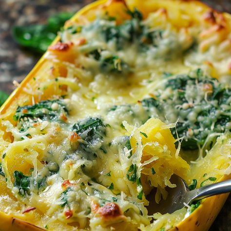 Garlic Parm Spaghetti Squash, Spinach Spaghetti Squash, Best Spaghetti Squash Recipes, Spinach Spaghetti, Daikon Recipe, Cheesy Spaghetti Squash, Parmesan Spaghetti Squash, Cream Cheese Spaghetti, Parmesan Spinach