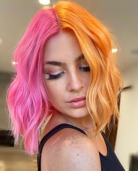 Balayage, Split Copper Hair, Orange Pink Split Hair, Summer Fun Hair Color, Fun Hair Color Ideas Split Dye, Pink Orange And Yellow Hair, Peach And Orange Hair, Pink Orange Ombre Hair, Pink Sunset Hair