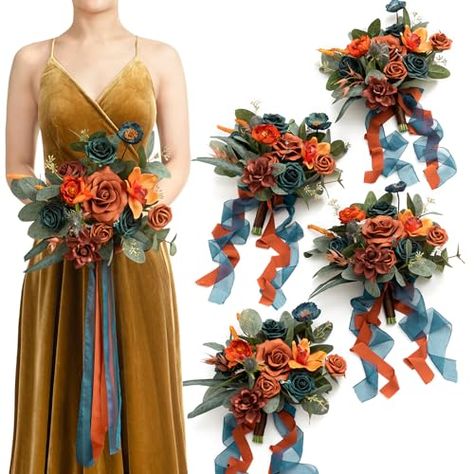 Ling's Moment Set of 4 Bridesmaid Bouquets for Wedding, Wedding Bouquet Dark Teal & Burnt Orange Artificial Flowers Wedding Ceremony and Anniversary 7 Inch Orange Bridesmaid Bouquet, Teal Wedding Bouquet, Bouquets For Bridesmaids, Green And Burgundy Wedding, Orange Wedding Bouquet, Orange Wedding Themes, Teal Bridesmaid, Rusting Wedding, Bronze Wedding