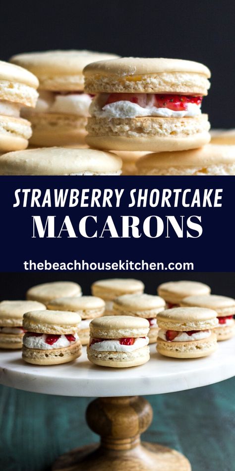 These Strawberry Shortcake Macarons are the classic summer dessert wrapped up in a tasty French macaron! They aren't that hard at all and believe it or not they are really fun to make. And while you are waiting for the macarons to rest before baking you can make your filling. Yup, just like that! Strawberry Macrons Recipes, Fun Strawberry Desserts, French Macaroons Recipe Flavors, Raspberry Pistachio Macarons, Macarons With All Purpose Flour, Alcohol Macarons, Best Macaron Flavors, Tea Party Macarons, Valentines Macarons Flavors