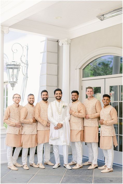 Indian Fusion Wedding at Park Chateau | Victoria & Neil - Wedding Photographer | Lauren Kearns Venue: Park Chateau, East Brunswick, NJ Coordinator: Xquisite Events Photographer: Lauren Kearns Photography Hair/Makeup: Bliss hair salon Wedding Dress: Nazranaa NJ Bridesmaids/Groomsmen Attire: Nazranaa NJ Florist: Wedding Design and Decor Invitation: Etsy Videographer: Tone Media Entertainment: M4U events #weddingday #njweddings Indian Groomsmen Outfits For Men, Desi Groomsmen Outfits, Punjabi Groomsmen Outfits, Desi Groomsmen, Brides Brother Outfit Indian, Groomsmen Attire Indian Wedding, Punjabi Groomsmen, Family Theme Dress For Indian Wedding, Family Dress Code For Wedding Indian