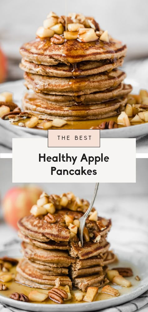 Healthy apple pancakes made right in the blender! These fluffy gluten free apple pancakes are made with oats, applesauce, a touch of maple syrup and cinnamon for the most delicious healthy breakfast perfect for toddlers, kids and adults. Gluten Free Apple Cinnamon Pancakes, Healthy Apple Pancakes, Gluten Free Pancake Recipe, Applesauce Pancakes, Shred 10, Gluten Free Pancake, Whole Wheat Banana Bread, Apple Cinnamon Pancakes, Blender Pancakes