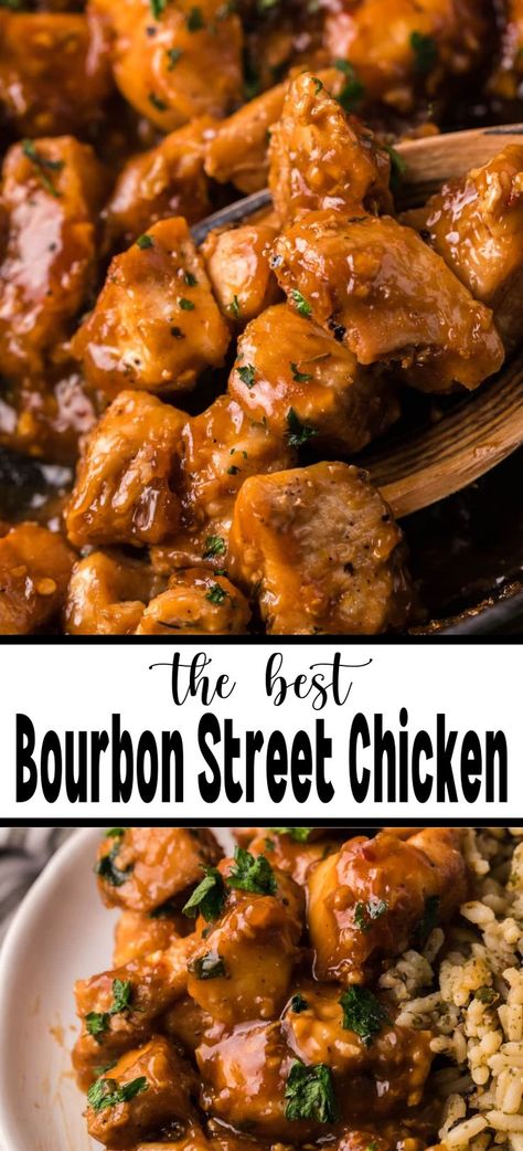 A closeup of a spoonful of Bourbon Street Chicken on top of a plateful with rice. Chinese Bourbon Chicken, Best Bourbon Chicken Recipe, Slow Cooker Bourbon Chicken, Burbon Chicken, Bourbon Street Chicken, Street Chicken, Chicken Seasoning Recipes, Street Recipes, Bourbon Chicken Crockpot