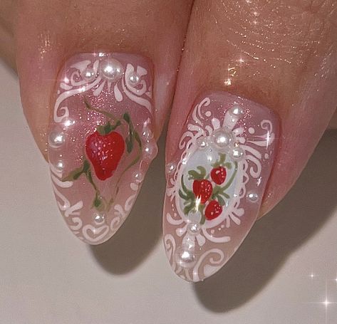 Strawberry Coquette Nails, Fairy Wing Nails, Nail Inspo Kawaii, Fairy Nails Designs, Star Girl Nails, Cozy Nails, Croquette Nails, Fairy Nail Art, Cottagecore Nails