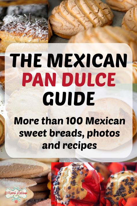 A collage with Mexican pan dulce photos and a title that says "The Mexican Pan Dulce Guide" Besos Pan Dulce Recipe, Mexican Pastries Recipes, Mexican Bread Recipes Homemade, Mexican Pastry Recipes, Mexican Breads, Mexican Bakery Recipes, Mexican Baking Recipes, Mexican Pastry, Mexican Baked Goods