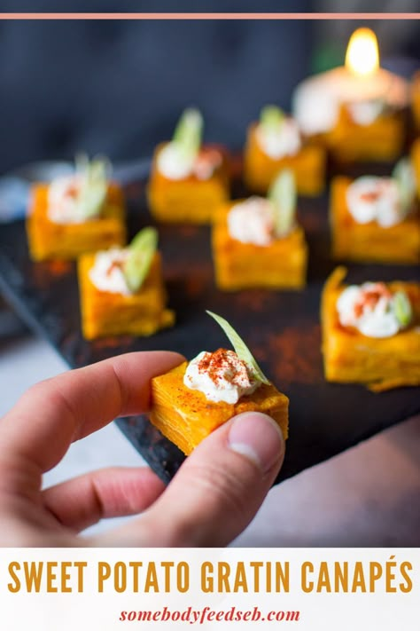 Vegetarian Canapes, Sweet Potato Appetizers, Party Canapes, Sweet Potato Gratin, Canapes Recipes, Sweet Potato Slices, Potato Gratin, Smoked Paprika, Wedding Food