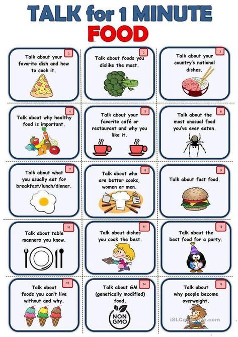 Grammar corner Talk for 1 Minute About Food - Speaking Cards Talk For 1 Minute, Oppgaver For Barn, Classroom English, Speaking Activities English, Speaking Cards, Materi Bahasa Inggris, Bahasa Jepun, English Teaching Materials, Esl Activities