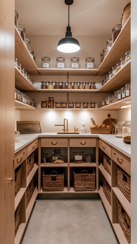 25 Best Pantry Design Ideas for Every Kitchen: Walk-In, Small, Large, and Corner Kitchens Walk In Pantry With Fridge And Sink, Modern Country Pantry, Unique Butlers Pantry Ideas, Amazing Pantry Walk In, Butler Kitchen Ideas, Back Kitchen Pantry, Small Walkin Pantry, Kitchen Pantry Design Walk In, Best Pantry Design