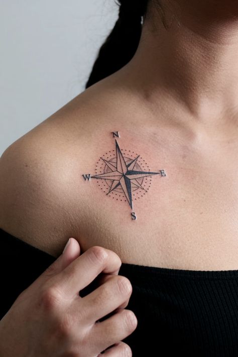 Simple compass collarbone tattoo for direction Collarbone Tattoos For Women, Tattoos Representing Family, Small Snowflake Tattoo, Small Key Tattoos, Compass Tattoo Meaning, Collarbone Tattoos, Simple Compass, Puzzle Piece Tattoo, Compass Rose Tattoo