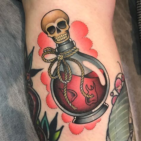 Super fun potion bottle from a while back for Michaela ❤️☠️ done at @lygonsttattooco | 💌 carly.vh@live.com.au for bookings and enquiries .… Rip Tattoo, Petit Tattoo, Bottle Tattoo, Tattoo Henna, Witch Tattoo, Spooky Tattoos, Halloween Tattoos, Potion Bottle, Trendy Tattoos