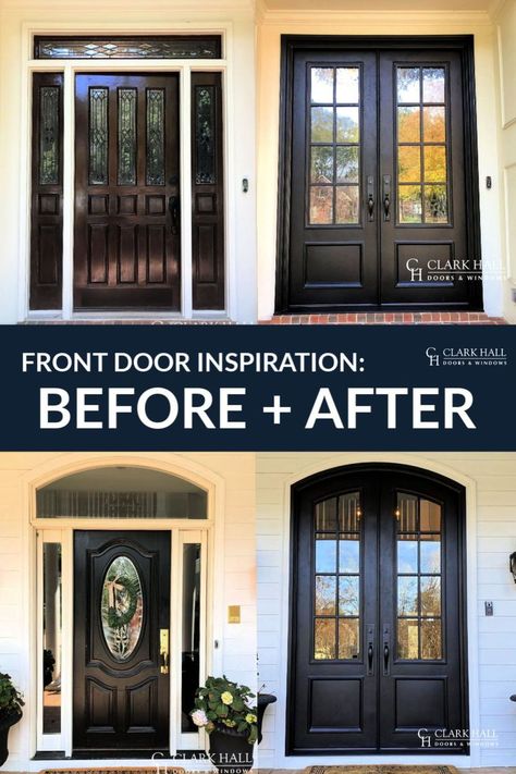 Custom iron front entry doors transform the design of any entrance. Don't worry about losing your single door's side lights. With large glass windows to let in all the natural light, these custom made traditional double doors take your exterior french door ideas to the next level. Do you need hurricane impact doors for your Florida home? We can also help you bring custom style to your front entrance with our hurricane impact French doors. Single Front Door To Double Doors, Single Door To Double Door Entry, Front Door Inspiration, Double Doors Exterior, Custom Front Doors, Door Projects, Front Door Makeover, Home Exterior Makeover, Front Door Ideas