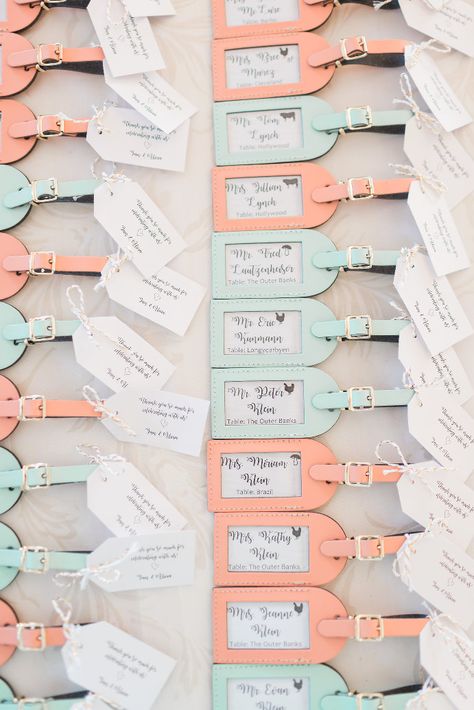 Unique Table Assignments Wedding, Luggage Tag Seating Chart, Wedding Table Assignment Ideas, Luggage Tag Wedding Favor, Wedding Table Assignments, Personalized Wedding Details, Luggage Tags Wedding, Wedding Cabo, Travel Themed Wedding