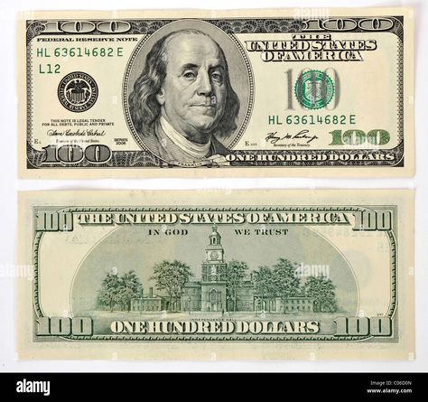 Download this stock image: 100 U.S. dollar banknote, front and back - C06D0N from Alamy's library of millions of high resolution stock photos, illustrations and vectors. 100 Bills Money, 100 Dollar Bill Printable, 10 Dollar Bill, Usa Dollar, Printable Play Money, Usa Money, Dollar Usa, Usd Dollar, Banknotes Money