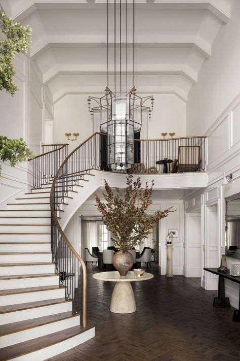 Luxury Staircase Design, Staircase Design Ideas, Luxury Staircase, Jeremiah Brent, Entryway Table, Dining Nook, Los Angeles Homes, Colonial House, Staircase Design