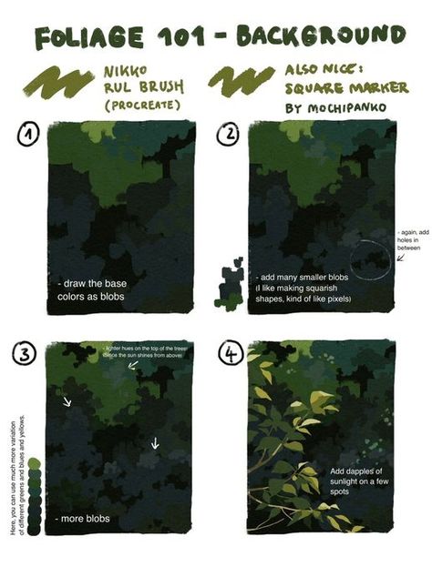 Liya/mochipanko @dokomi 3E44 sur X : "Here you go, my little tutorial on how to draw foliage and trees in the background! 🍃 I hope it’s helpful! https://t.co/Kgxj0K7Bi0" / X Draw Foliage, Painting Trees, Concept Art Tutorial, Digital Painting Techniques, Art Advice, Digital Art Beginner, Background Drawing, 판타지 아트, Environment Concept Art