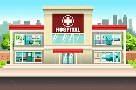 Hospital Building Cartoon Hospital Building, Hospital Animation, School Building Illustration, Hospital Images, Hospital Illustration, Hospital Cartoon, Animal Infographic, Art Competition Ideas, Hospital Building