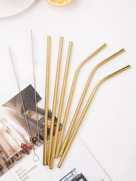 6pcs Stainless Steel Straw & 2pcs Brush | SHEIN USA Wedding Cocktail Bar, Gold Straws, Stainless Steel Microwave, Drink Straw, Steel Straw, Stainless Steel Straws, Metal Straws, Reusable Straw, Gold Pattern