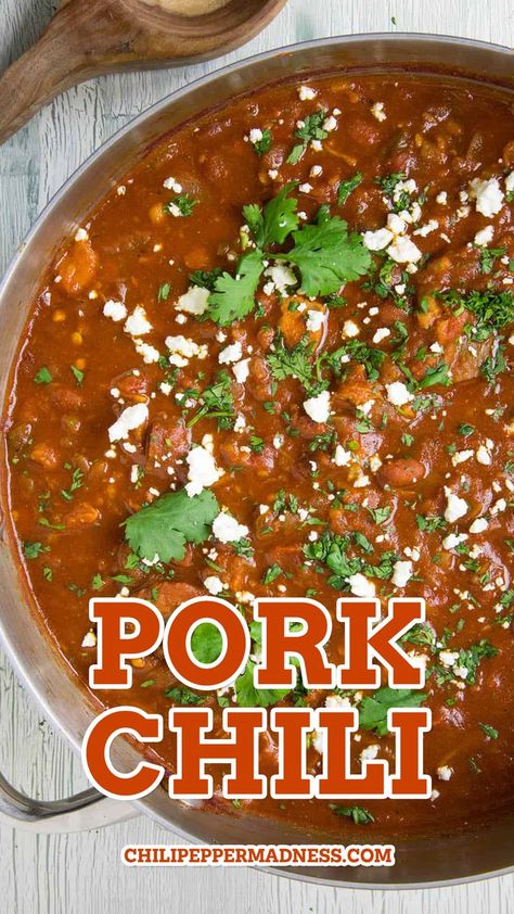 Chili With Leftover Pork Roast, Pork Chili Recipe Mexican, Pork Chop Chili Recipe, Pork Chili Recipe Crockpot, Pork Red Chili Recipes, Shredded Pork Chili, Pork Shoulder Soup, Pork Chilli Recipes, Pork Chili Colorado