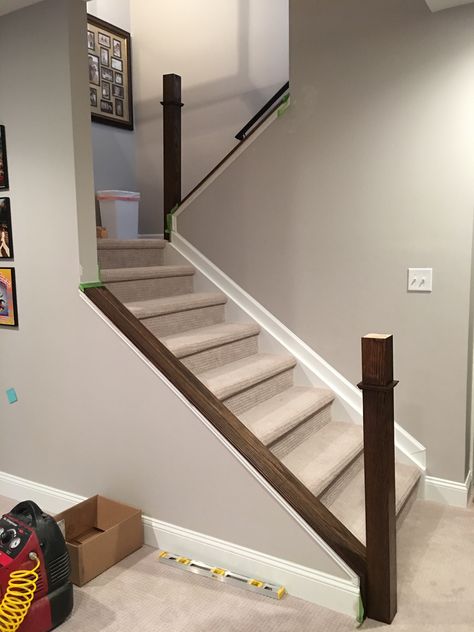 Banister Replacement Ideas, Railing Makeover, Stair Railing Makeover, Diy Stair Railing, Indoor Railing, Utah House, Stairs Renovation, Stair Rails, Stair Banister