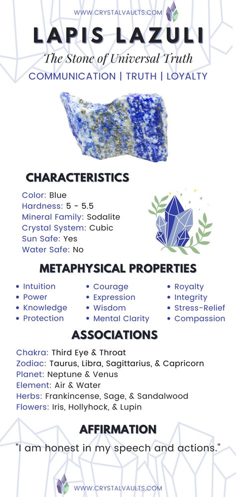 Crystal Encyclopedia, Crystal Journal, Lapis Lazuli Meaning, Guide To Crystals, Crystal Ideas, Crystal Benefits, Green Witchcraft, Chakra Affirmations, Lapis Lazuli Crystal