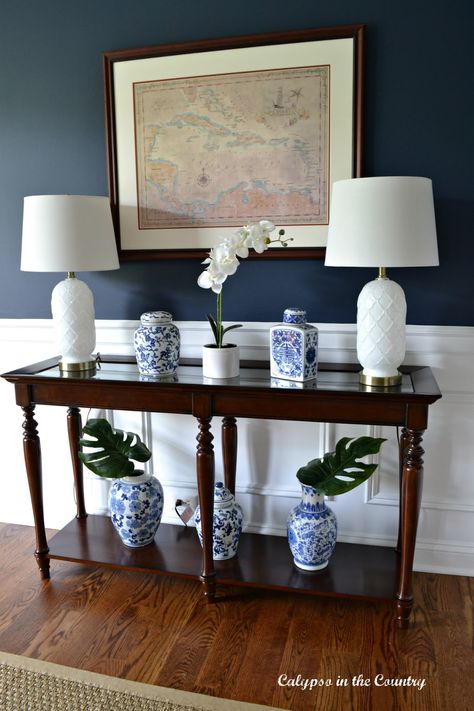 Caribbean Map and Cherry Console Table Navy Dining Room Decor, Navy Dining Room Walls, Navy Dining Room, Blue And White Dining Room, Dining Room Navy, Dining Room Decor Traditional, Colonial Dining Room, Dining Room Decor Ideas, Cherry Furniture