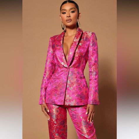 New Unworn, With Tags. Two Piece Blazer And Pant Set In Fuchsia Polyester Embroidered Fabric No Stretch True To Size Medium Embroidered Blazer, Floral Print Blazer, Embroidered Suit, Pant Suits, Pink Suit, Tailored Blazer, Printed Blazer, Embroidered Fabric, Suit Set