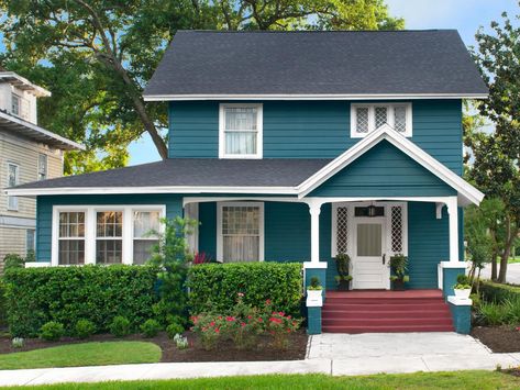 Sherwin Williams Deep sea Dive  Curb Appeal Ideas from Jacksonville, Florida | Landscaping Ideas and Hardscape Design | HGTV Cottage Exterior Colors, Teal House, Casa Hobbit, Exterior Color Palette, Best Exterior Paint, House Paint Color Combination, Exterior House Color, Hgtv Magazine, Cottage Exterior