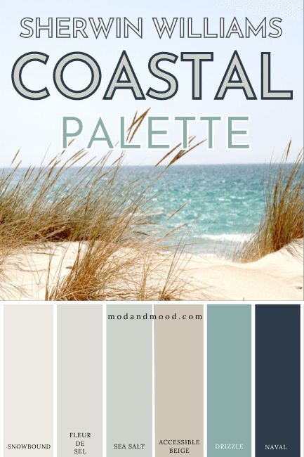 Coastal Decor Color Palette, Ocean Theme Paint Colors, Sea Apartment Interior Design, Beach Cottage Color Palette, Coastal Farmhouse Paint Scheme, Beach Home Color Palette, Sea Salt Paint Bedroom, Beach Color Palette Bedroom, Costal Colour Scheme