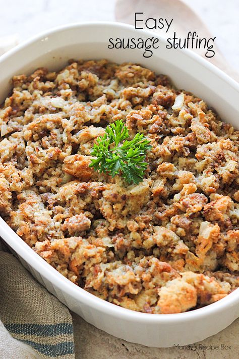 The classic stuffing recipe gets an added boost of flavor with sausage in this Easy Sausage Stuffing recipe. It's the perfect side to the turkey on Thanksgiving! Sausage Stuffing Recipes, Homemade Sausage Stuffing, Homemade Stuffing With Sausage, Sausage Stuffing Recipe Thanksgiving, Easy Sausage Stuffing, Sausage Stuffing Thanksgiving, Stuffing Easy, Stuffing Sausage, Stuffing Turkey