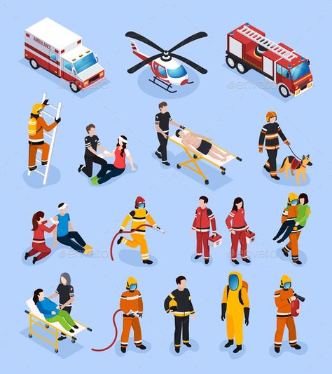 Rescue teams isometric set with people in professional uniform engaged in medical healthcare and fire control vector illustration Isometric Sprites, Fire Control, Professional Uniforms, Wild Fire, Rescue Team, Vintage Logo Design, Flat Vector, Space Opera, Icon Set Vector